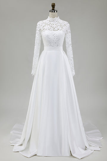 Ivory A-Line High Neck Lace Long Wedding Dress